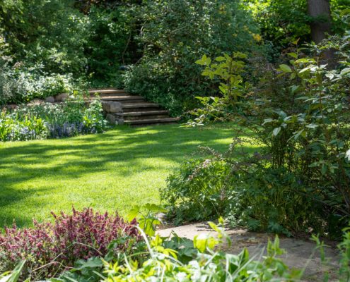 Garten im Sommer mit einer kurzen Treppe