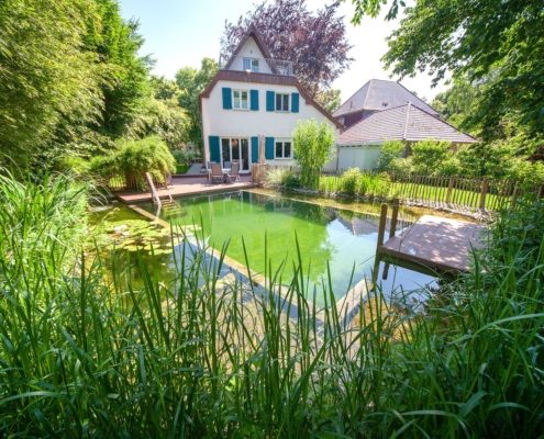 Blick auf ein Einfamilienhaus mit Schwimmteich
